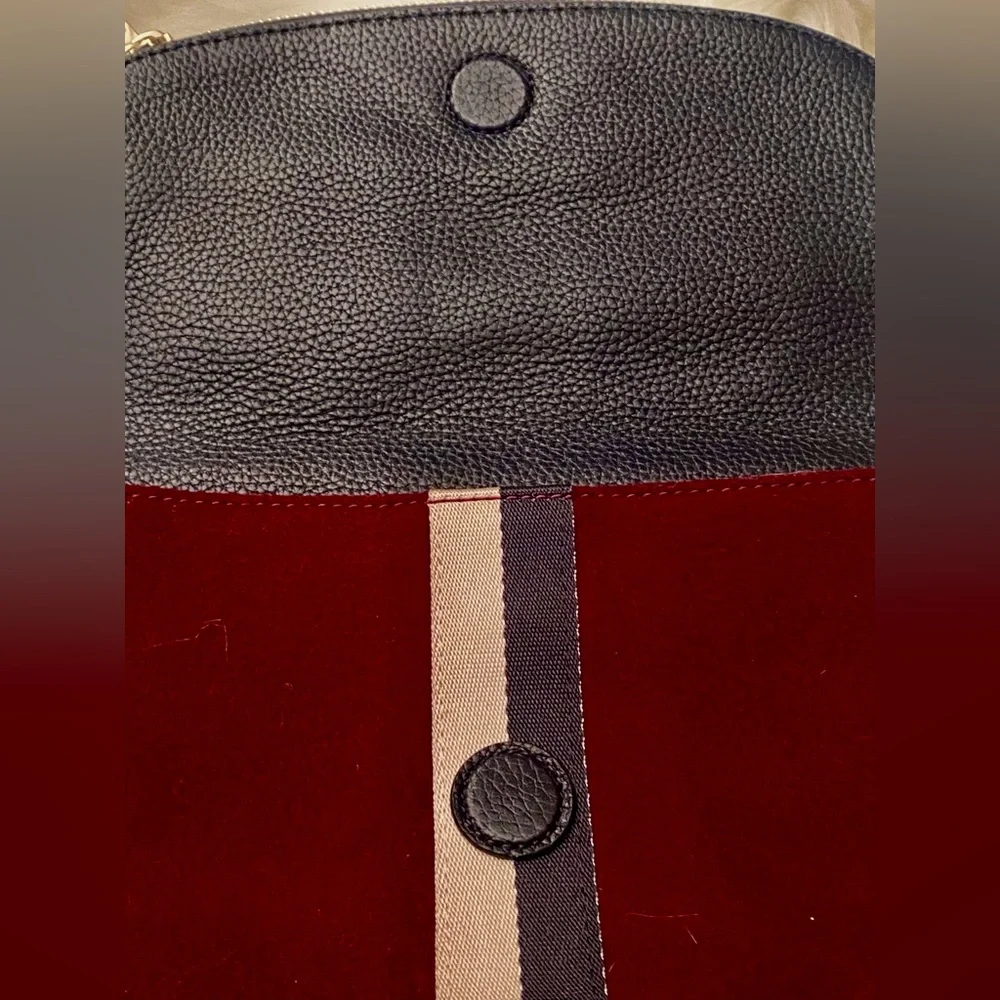 Kate Spade New York Wool & Leather Crossbody Bag Burgundy Navy Stripe Flap Purse